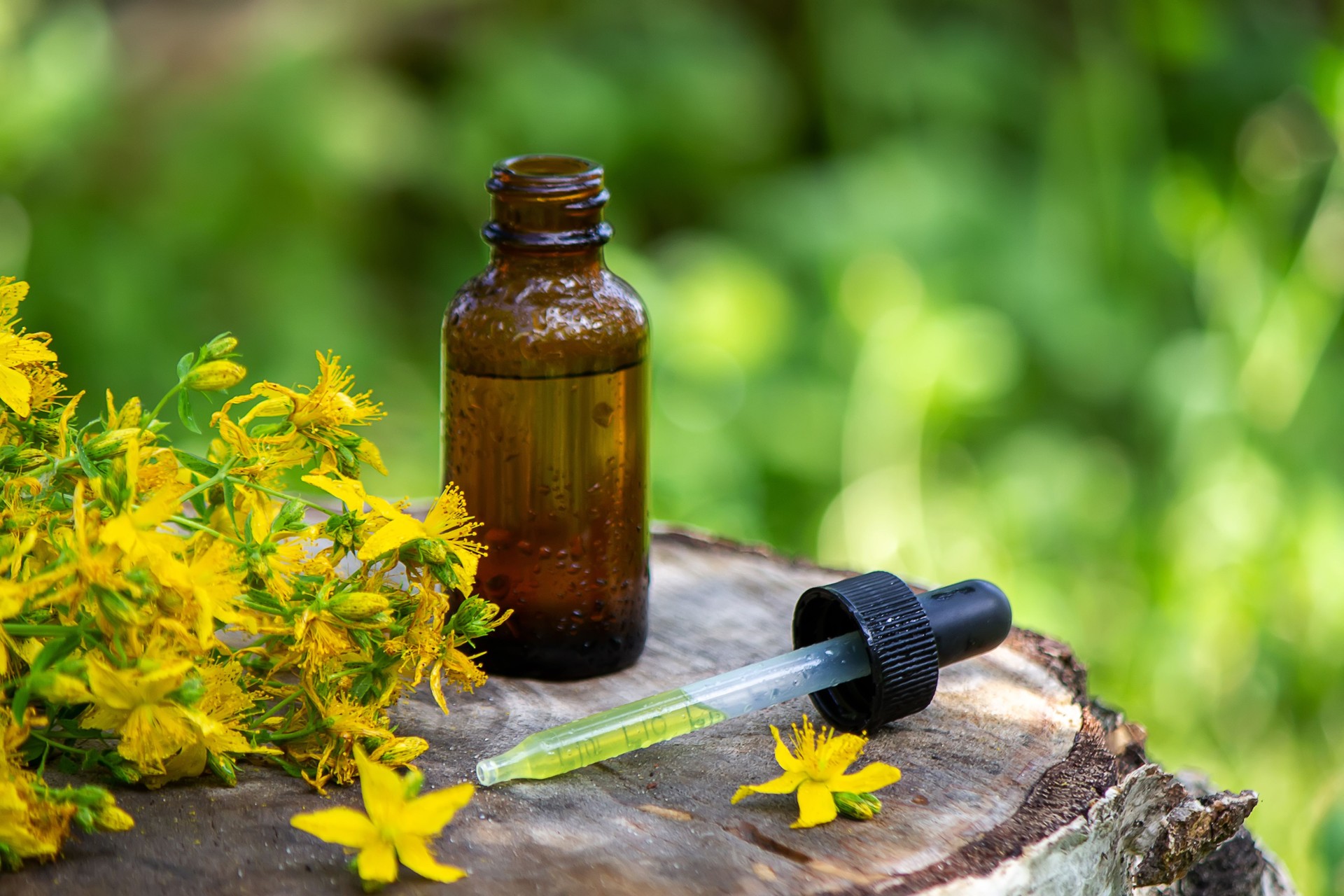 St. John's wort flower oil in a glass bottle. on a wooden background.